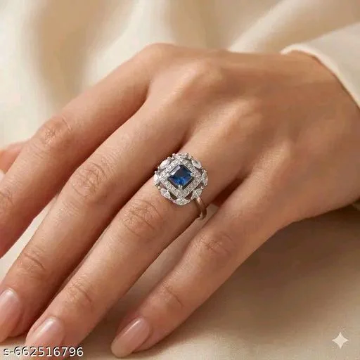 Premium Silver Plated American Diamond Ring – Blue, Ruby, & Green Colour Options - Blue