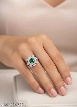 Premium Silver Plated American Diamond Ring – Blue, Ruby, & Green Colour Options - Green