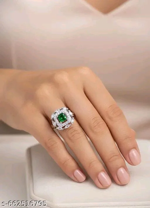 Premium Silver Plated American Diamond Ring – Blue, Ruby, & Green Colour Options - Green