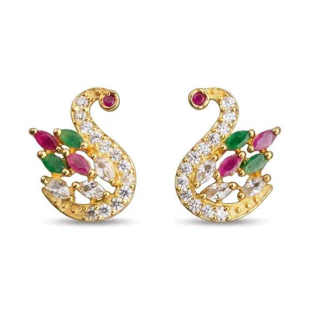 Gold Plated Swan Stud Earrings For Women 
With Ruby Green Emerald CZ Stones | 
Traditional Bridal Party Festive Wear | 
Screw Back Earrings
