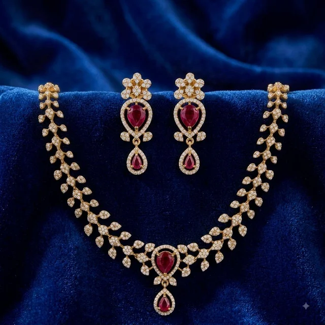 Glostar Jewellery Maroon AD Necklace Set - Maroon