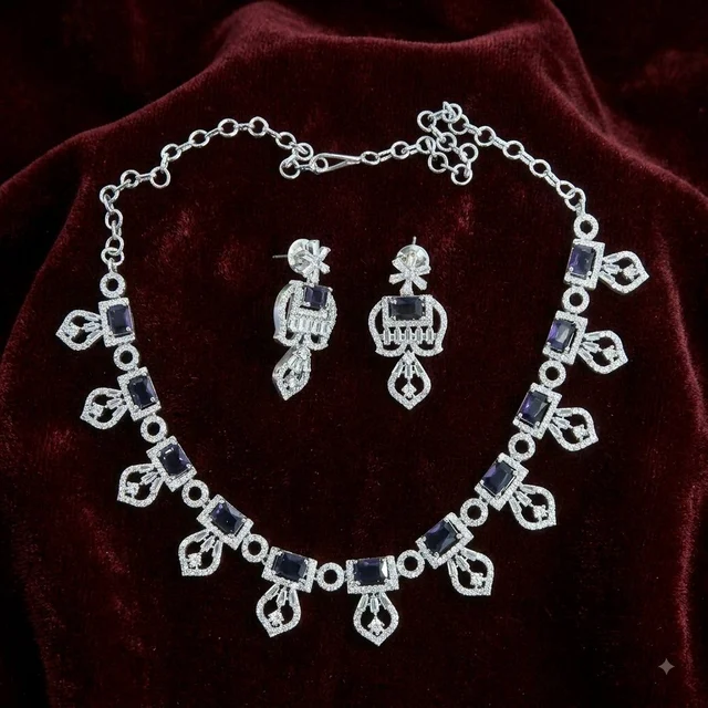 Glostar Jewellery Maroon AD Necklace Set - Twilight Blue
