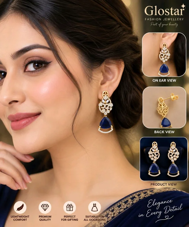 Glostar Jewellery Elegant Designer Mehandi Plated American Diamond Fashion Earrings - Navy Blue