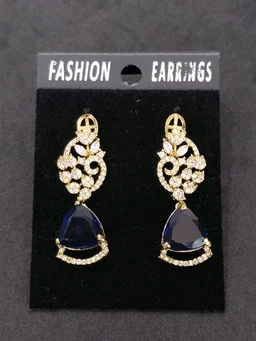 Glostar Jewellery Elegant Designer Mehandi Plated American Diamond Fashion Earrings - Navy Blue