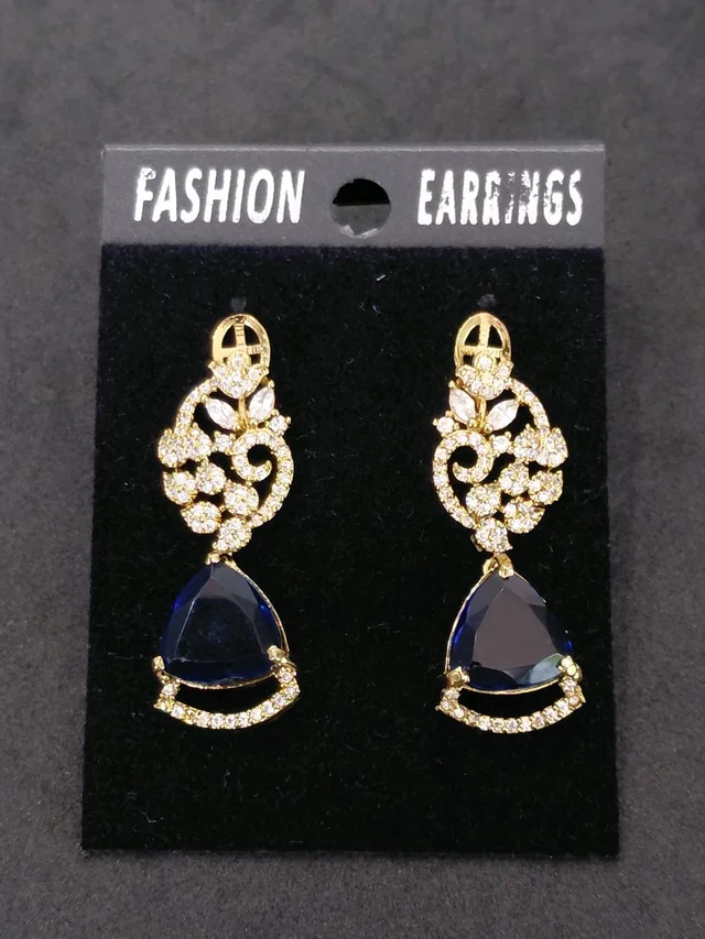 Glostar Jewellery Elegant Designer Mehandi Plated American Diamond Fashion Earrings - Navy Blue