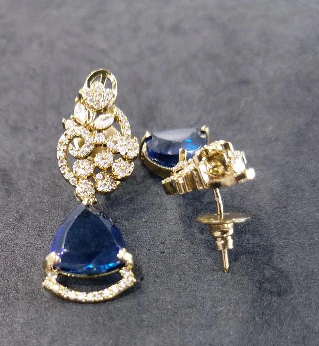 Glostar Jewellery Elegant Designer Mehandi Plated American Diamond Fashion Earrings - Navy Blue