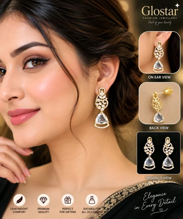Glostar Jewellery Elegant Designer Mehandi Plated American Diamond Fashion Earrings - White