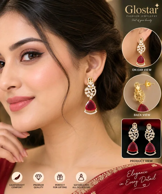 Glostar Jewellery Elegant Designer Mehandi Plated American Diamond Fashion Earrings - Spray