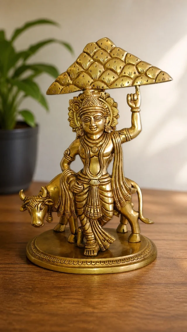 GS Decors Brass Cow Krishna Holding Govardhana mountain 11.5''