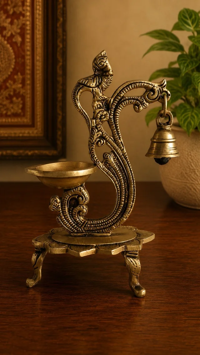 GS Decors Brass Single face diya with Peacock and Bell 8''