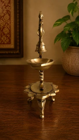 GS Decors Brass Single face diya with Peacock and Bell 8''