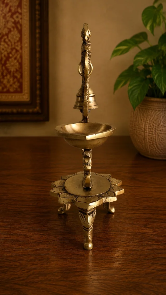 GS Decors Brass Single face diya with Peacock and Bell 8''