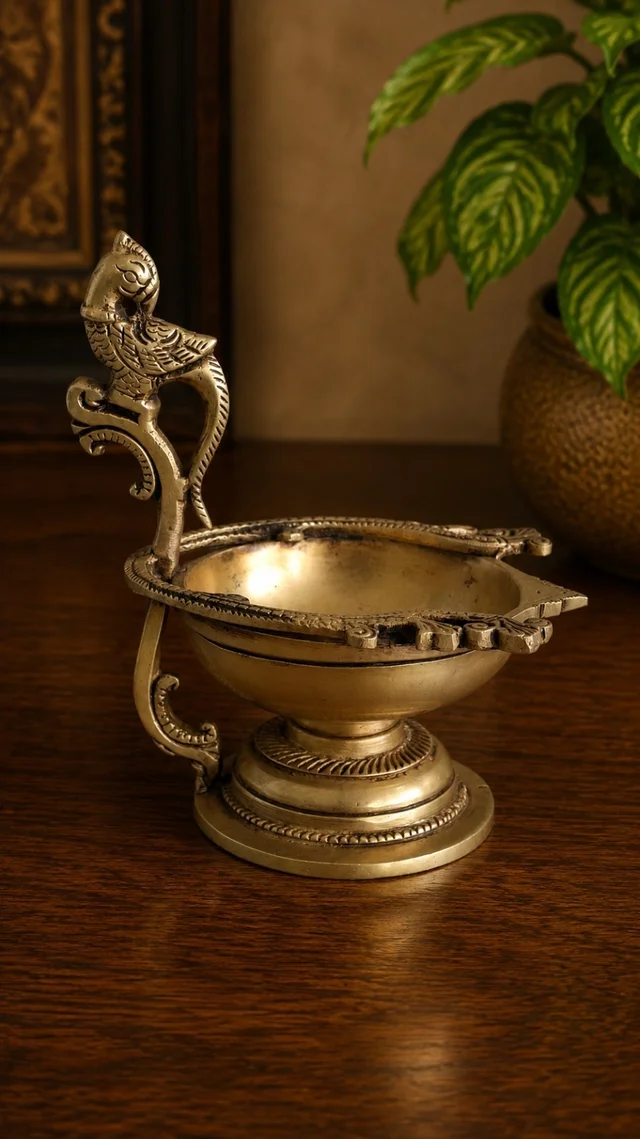 GS Decors Brass Single face diya with Peacock Handle 6''
