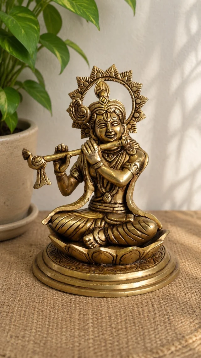 GS Decors Brass Krishna sitting on Lotus Base 8''