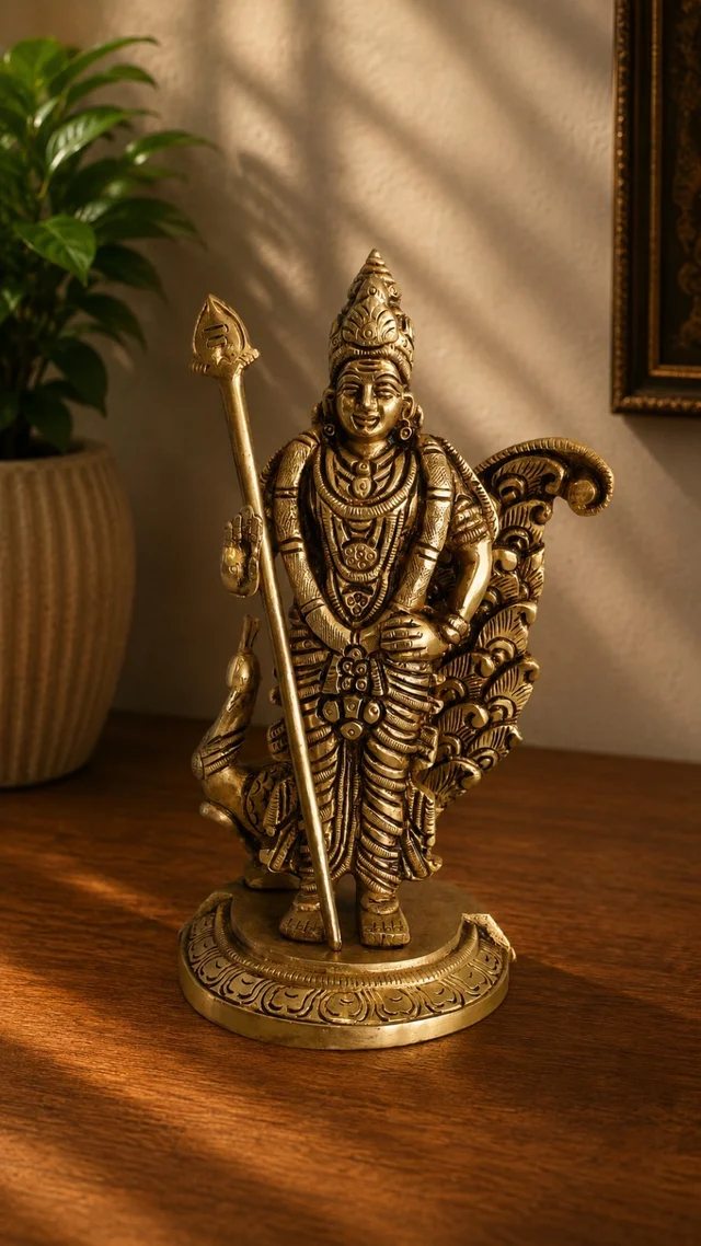 GS Decors Brass Murugan with peacock 7''