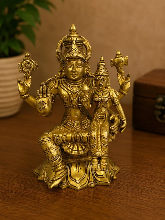 GS Decors Brass Vishnu Lakshmi on Lotus Base 10''