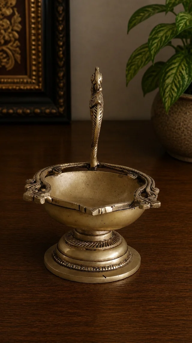 GS Decors Brass Single face diya with Peacock Handle 6''