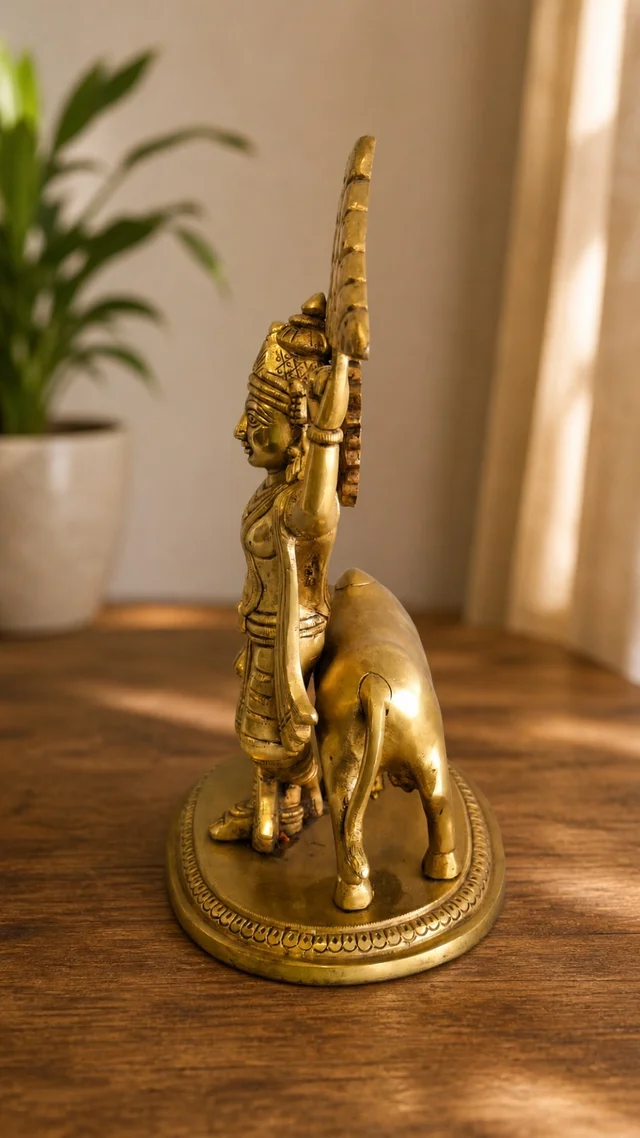 GS Decors Brass Cow Krishna Holding Govardhana mountain 11.5''