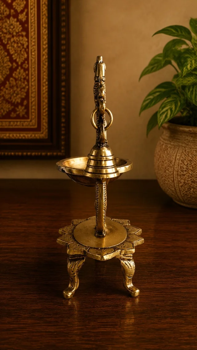 GS Decors Brass Single face diya with Peacock and Bell 8''