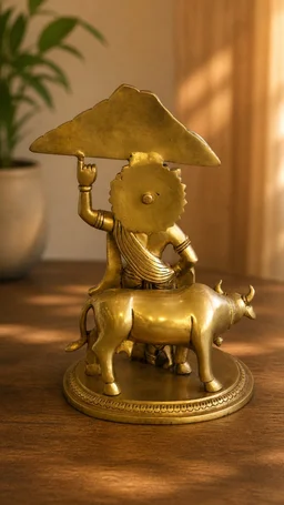 GS Decors Brass Cow Krishna Holding Govardhana mountain 11.5''