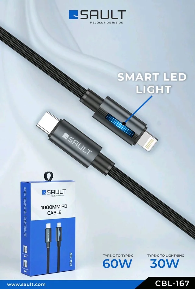 Sault Cable C TO C 1000MM PD CABLE CBL-167 With Smart LED Light 