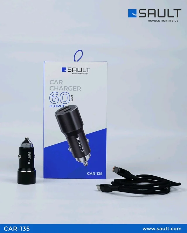 Sault Car Charger 60W Output CAR-135 With Type-C 1 Meter Cable 