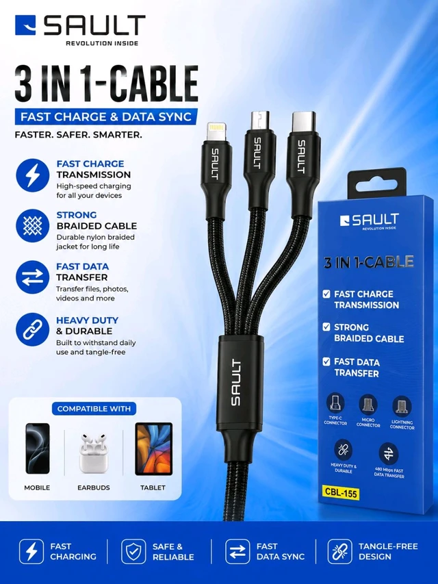 Sault 3 In 1- Cable (Type C /Micro/ Iphone) Fast Charge Transmission 