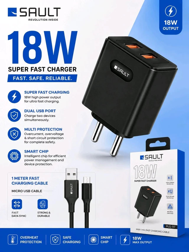 Sault Micro 18W Charger With 1 Meter Fast Charging Cable PLG-117 SUPER FAST CHARGING 