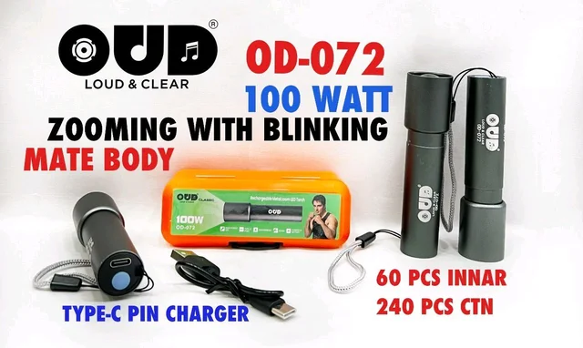 OUD CLASSIC Rechargeable LED MINI TORCH MODEL NO - OD T 0720SERIES - OD T 072
500MAH BATTERY TYPE C CHARGING PORT 100 W LASER LIGHT 