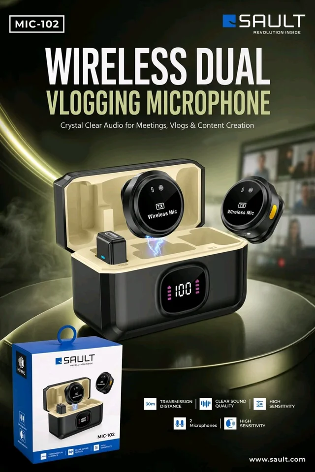 SAULT MIC-102
Sound Like a Pro, Anywhere! 
Capture every word with crystal-clear audio using the Wireless Dual Vlogging Microphone. Perfect for vlogs, interviews, meetings & live streaming.  WITHOUT WARRANTY