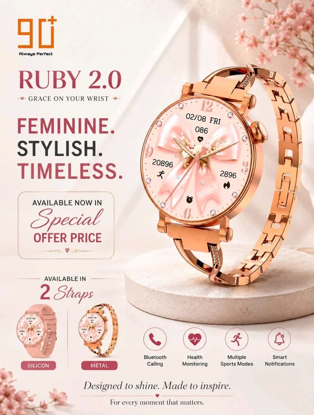 90+ Watch Ruby2.0 With Metal And Silicon Belt Bluetooth Calling, Health Monitoring , Multiple Sports Mode, Smart Notification 
