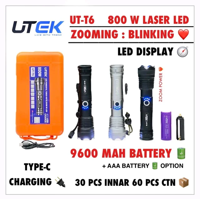 UTEK LED Powerful Torch With Zoom In LED 800w UT-T6 Heavy Brightness Torch Light 