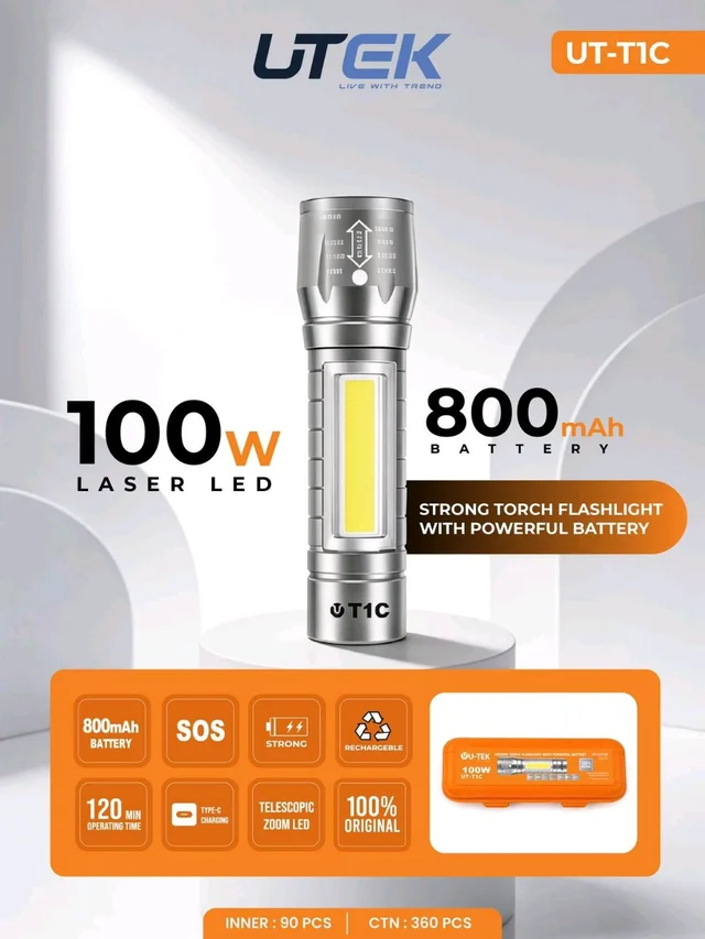 UTEK Mini Torch Light UT-T1C 800mAh Strong Torch Flashlight With Powerful Battery 100W
