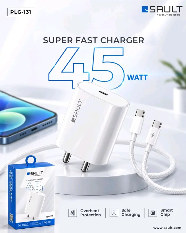 SAULT 45W Fast Charger PLG-131 With C-C Cable With Fast Charging Support 