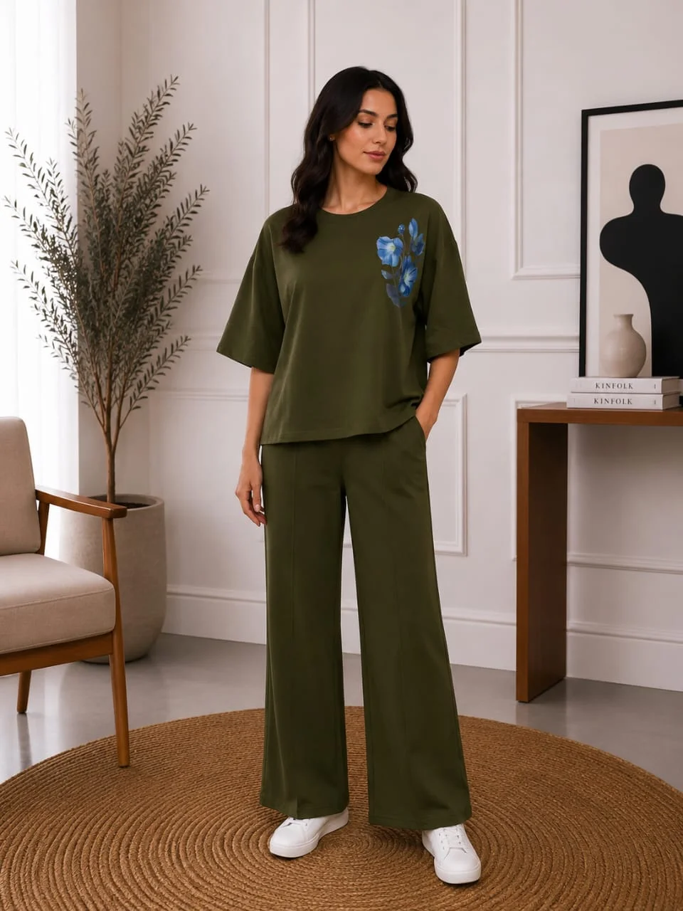 Floral Print Oversized Tee & Wide-Leg Pants Co-Ord Set