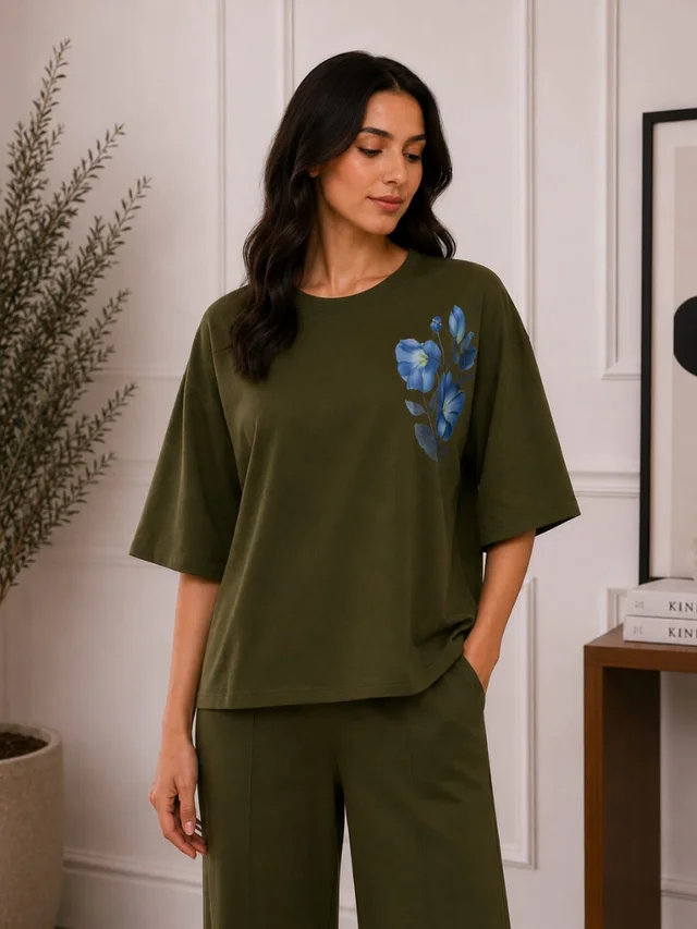 Floral Print Oversized Tee & Wide-Leg Pants Co-Ord Set