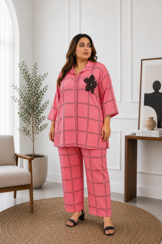 Check Grid Print Floral Appliqué Shirt & Wide-Leg Pants Co-Ord Set