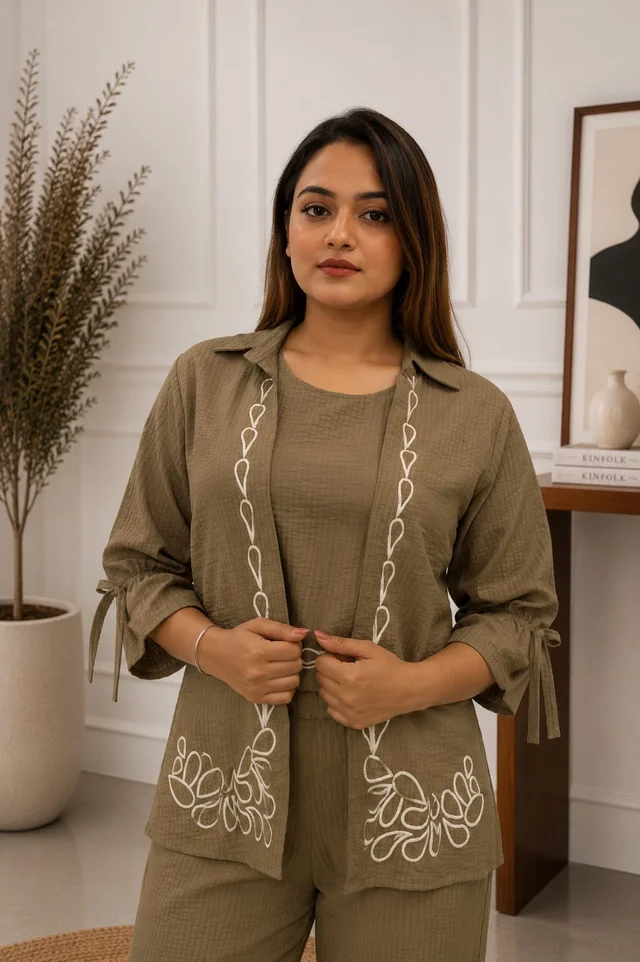 Cord Embroidered Open-Front Co-Ord Set