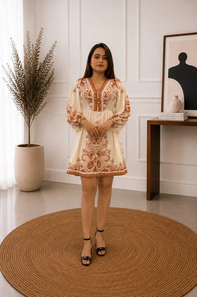 Cream Rust Paisley Embroidered Mini Dress