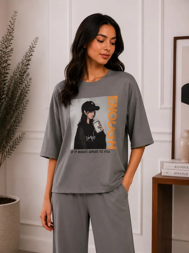 "ENOUGH" Graphic Oversized Tee & Wide-Leg Pants Co-Ord Set