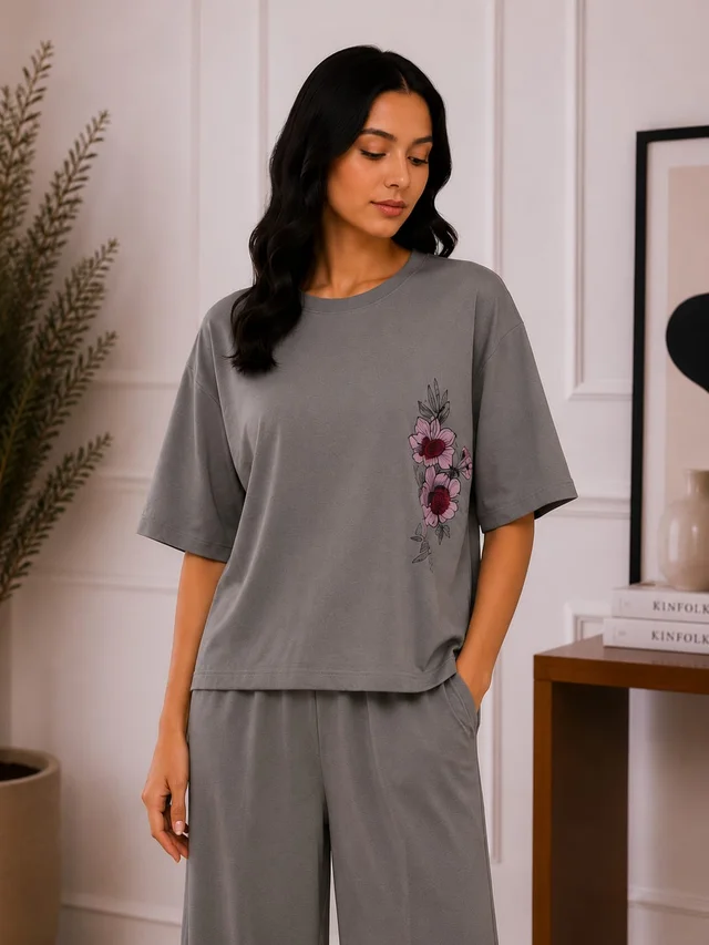 Floral Bouquet Print Oversized Crop Tee & Wide-Leg Pants Co-Ord Set