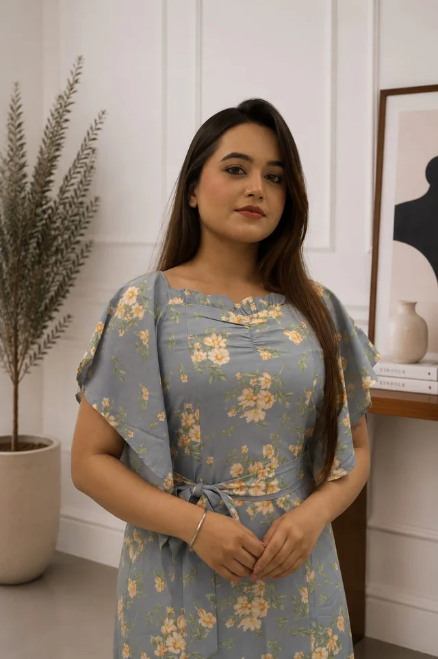 Floral Flutter Sleeve Ruched Midi Dress