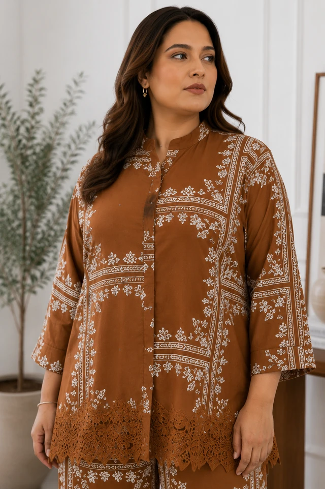 Floral Jaal Print Lace Hem Shirt & Wide-Leg Pants Co-Ord Set