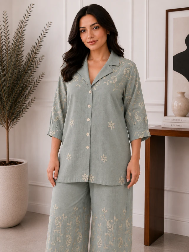 Floral Vine Embroidered Linen Shirt & Wide-Leg Pants Co-Ord Set