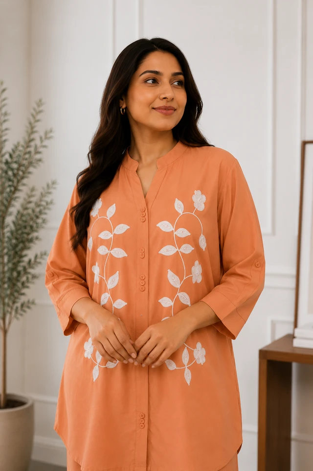 Floral Vine Embroidered Shirt & Wide-Leg Pants Co-Ord Set