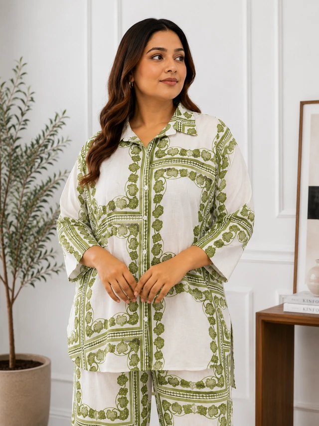 Green Floral Border Block Print Oversized Shirt & Wide-Leg Pants Co-Ord Set