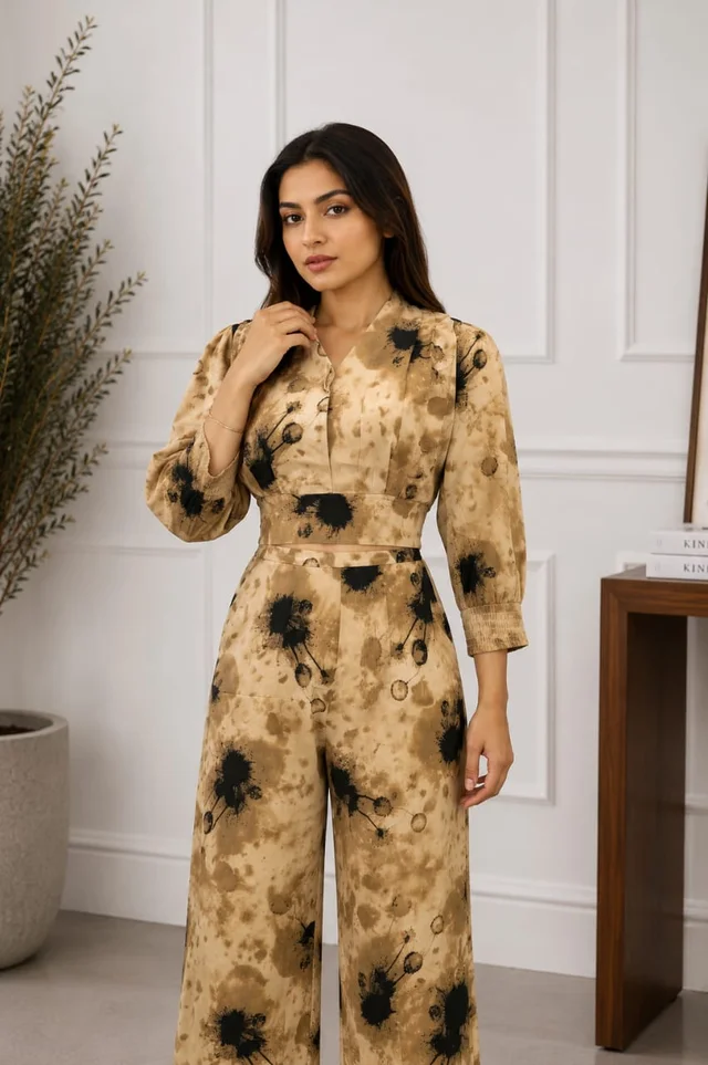 Ink Splash Print Puff Sleeve Co-Ord Set