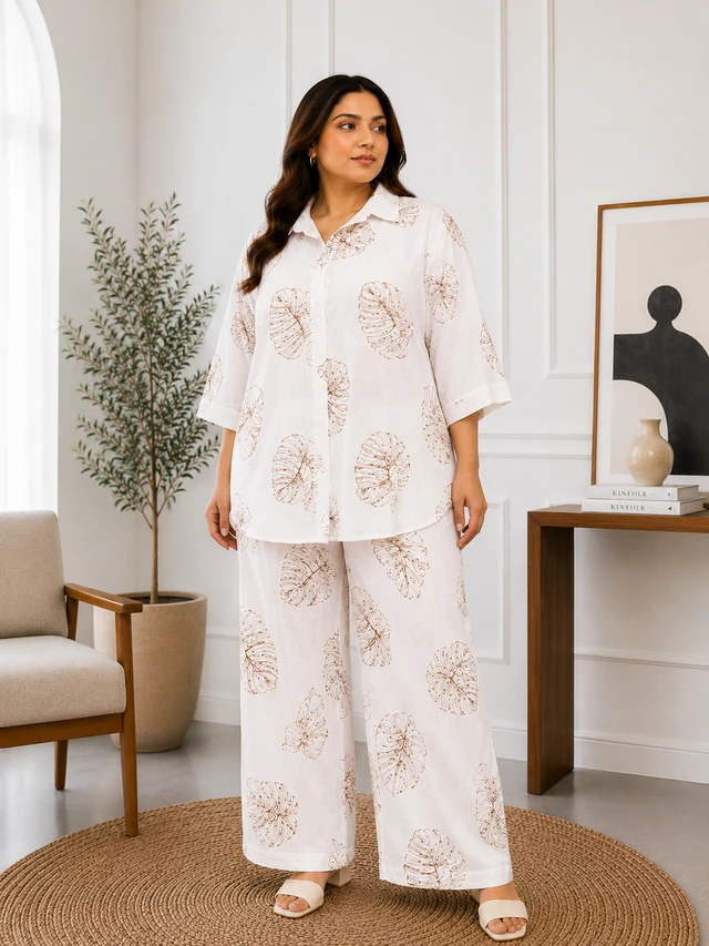 Monstera Leaf Print Oversized Shirt & Wide-Leg Pants Co-Ord Set