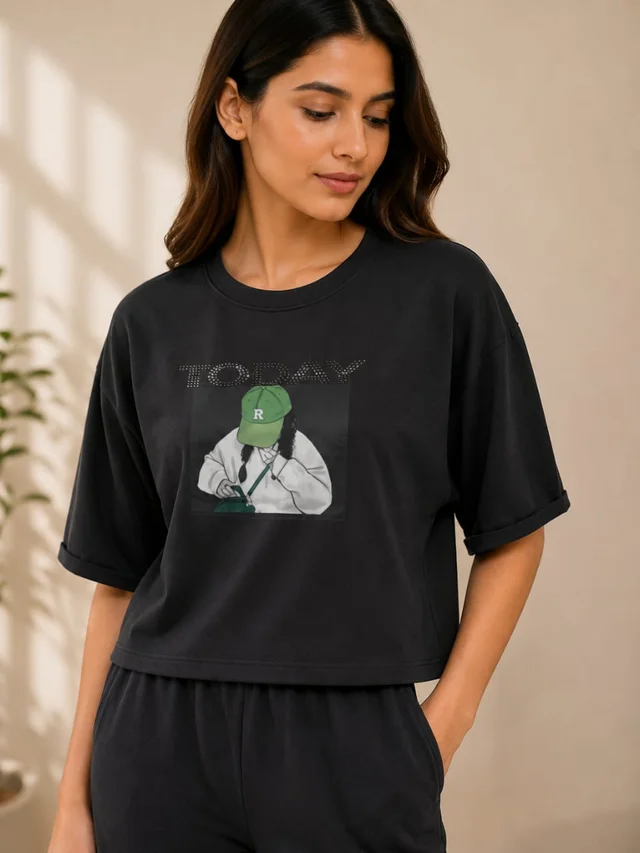 "TODAY" Graphic Crop Tee & Wide-Leg Pants Co-Ord Set