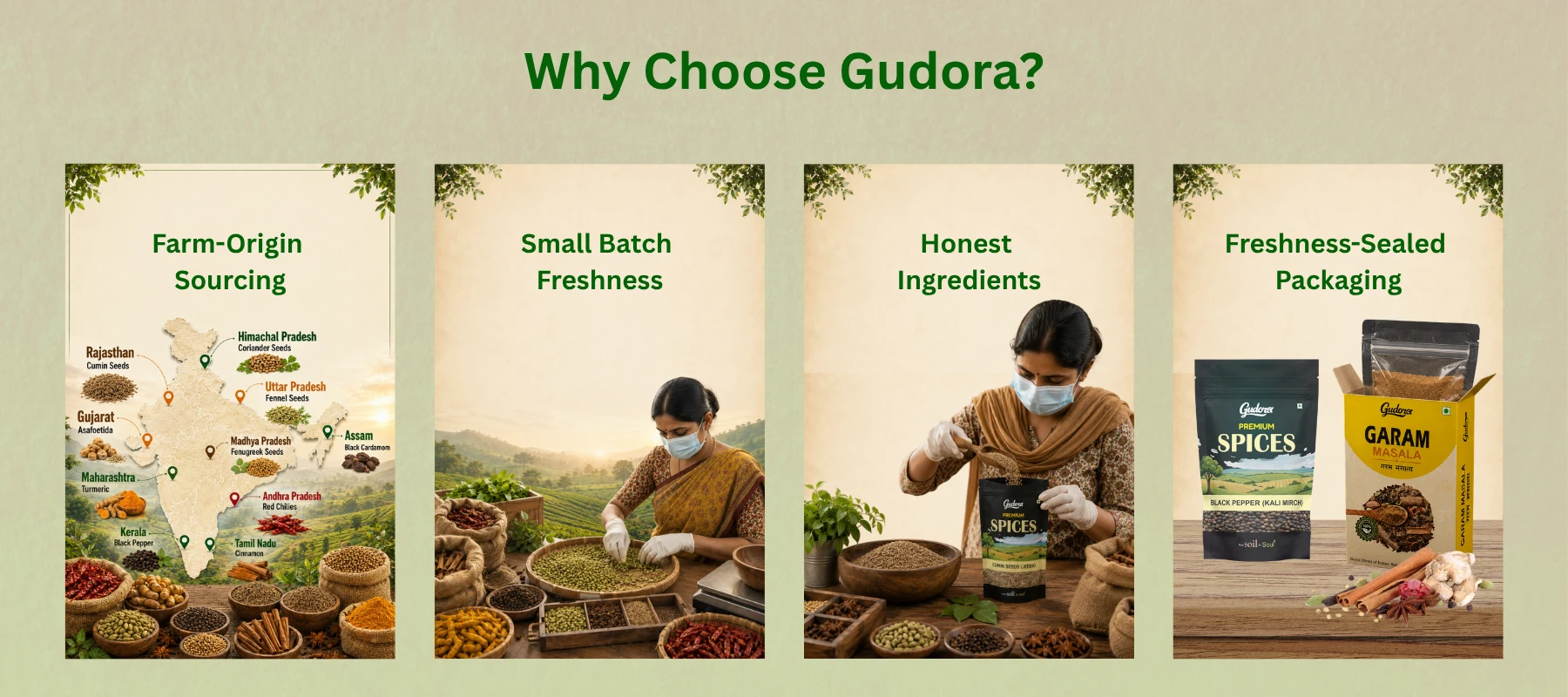 Gudora premium spices brand promises showcasing farm-origin sourcing, small batch freshness, honest ingredients, and freshness-sealed packaging for pure Indian spices.